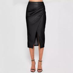 fall fashion outfits Women's Pu Split Skirt Autumn and Winter High Waist Zipper Pleated Leather Skirt Sexy Hip Skirt