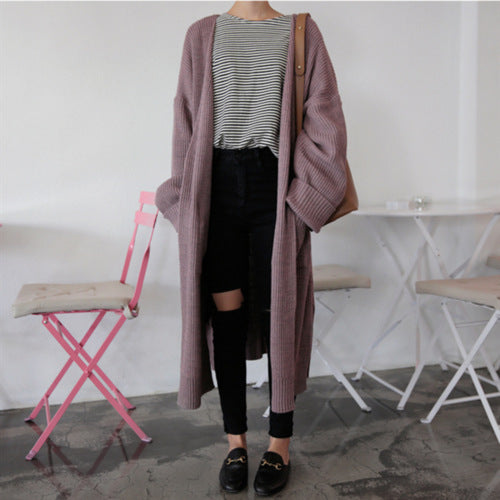 fall outfits Retro Mid-Length Curling Solid Color Lazy Loose Knitted Long-Sleeved Sweater Coat for Women