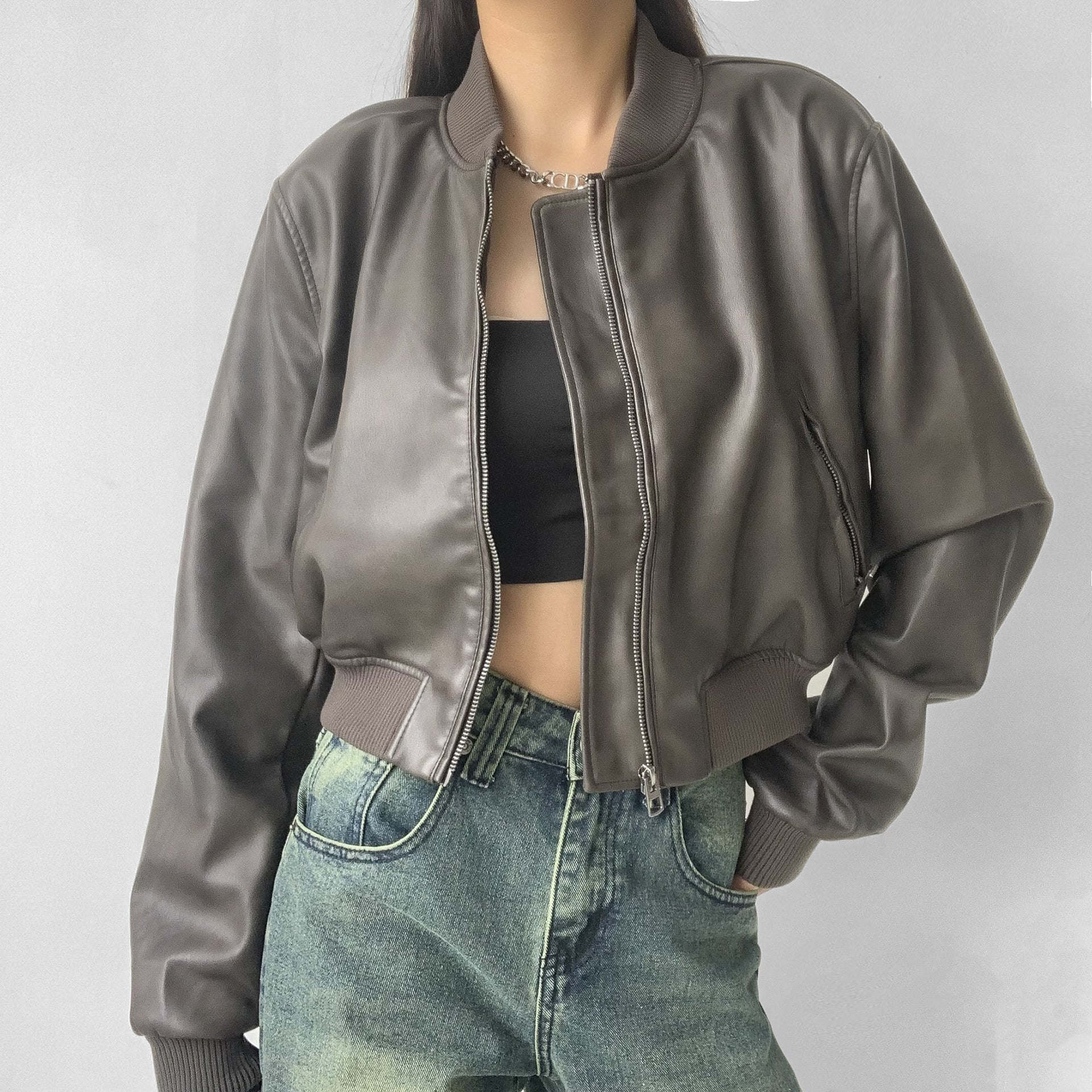 90s fashion Retro PU Leather Women's Autumn New American Hot Girl Motorcycle Style Short Stand Collar Baseball Jacket Jacket