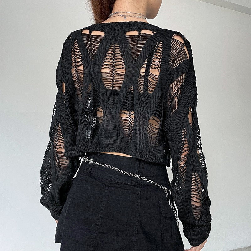 grunge outfits Knitted Blouse T Top Summer and Autumn Women's Clothing Hot Girl Sexy Ripped Dark Hollow Long Sleeve