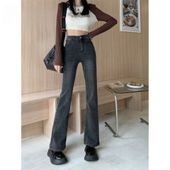 outfit inspo Gray Micro Flared Jeans Women's Fashion All-Match Thin New High Waist Stretch Slim Slimming Horseshoe Long Pants