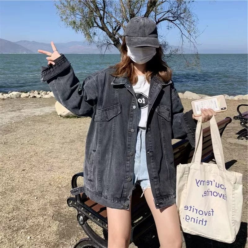 joker costume female outfit Spring and Autumn Black Denim Jacket Top Women's Autumn Trendy Loose Korean Style Hong Kong Style Casual Fried Street Jacket
