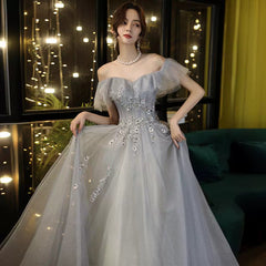 prom dresses Gray Blue off-Shoulder Evening Dress Autumn Fashion Dress Temperament Vocal Solo Host Dress