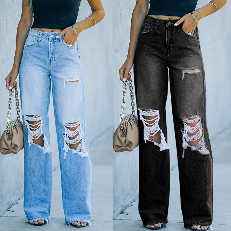 cute school outfits for middle school Factory Direct Women's Jeans Autumn Street Hipster Ripped Wide-Leg Pants