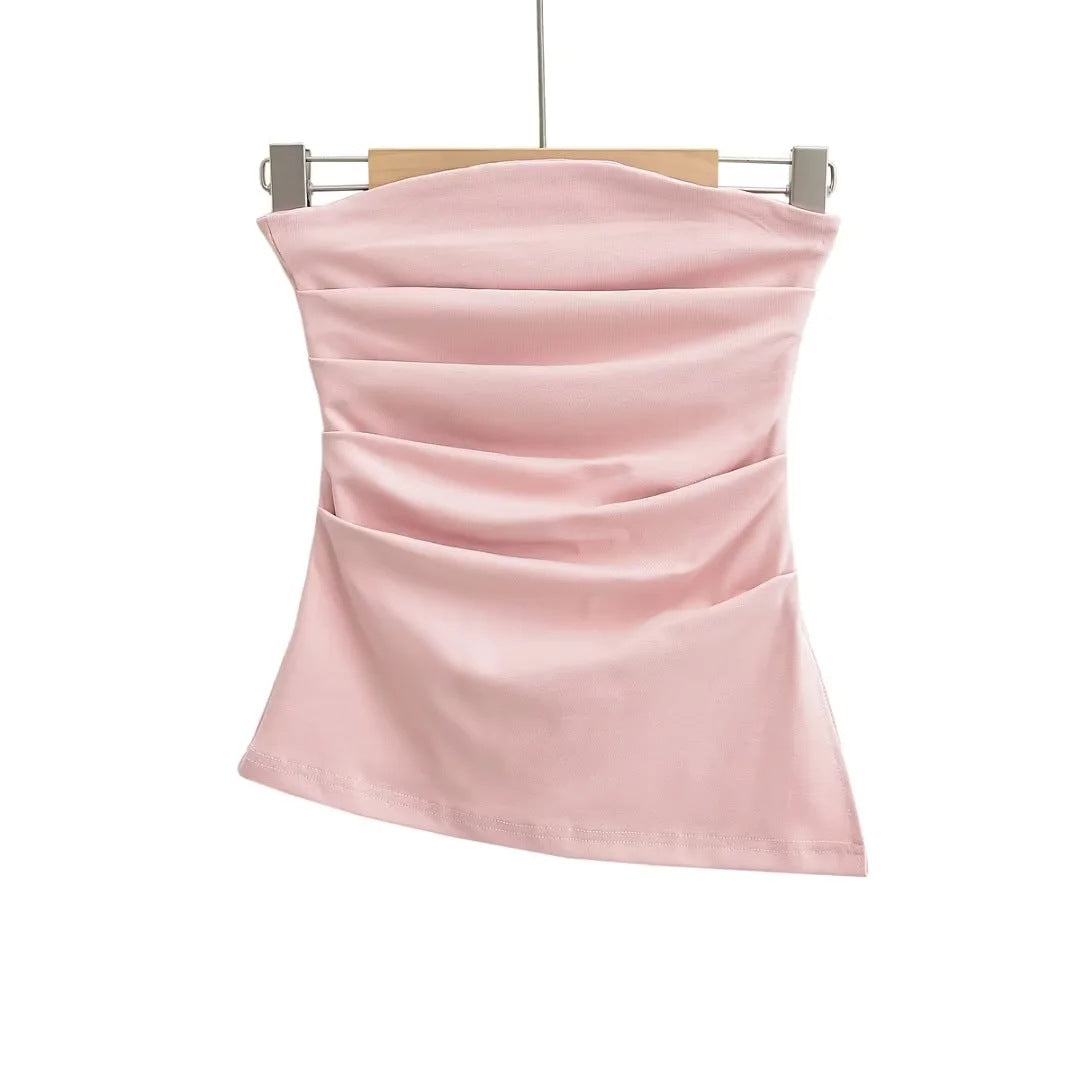 halter tops off-Shoulder Pleated Tube Top Pure Desire Ins Style Holiday Vest Women's Summer Slim Slimming Backless Top