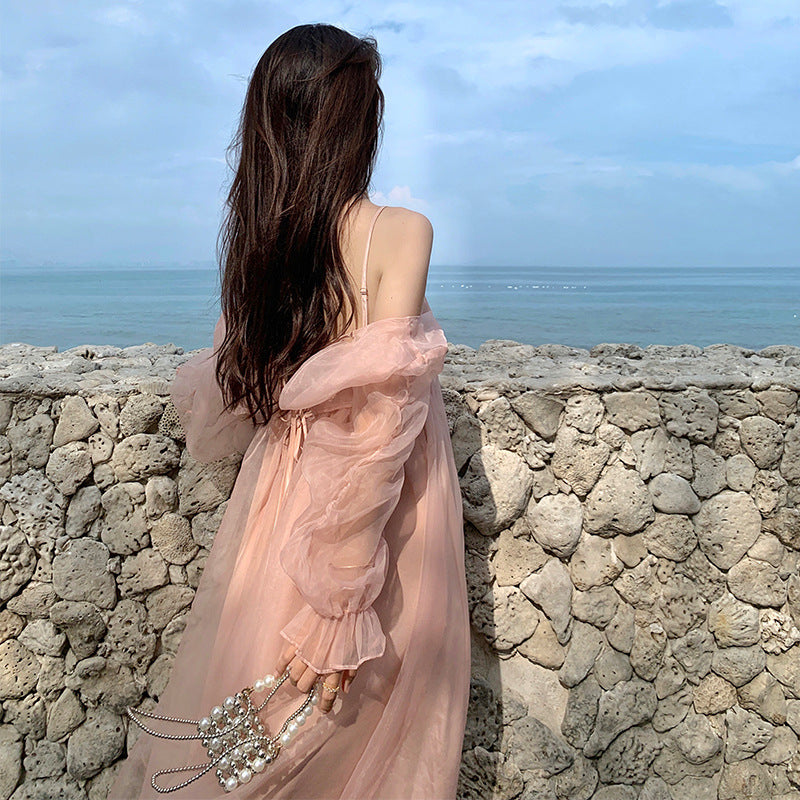 detective vs suspect dress to impress French Style Sexy High-Grade Strap Pink Mori Fairy Dress Sanya Seaside Vacation Photography Beach Dress for Women