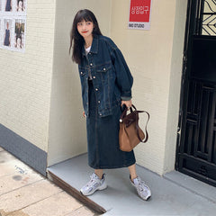 senior jeans Retro Denim Coat + Skirt Suit Spring and Autumn New Hong Kong Style Chic Niche Coat Fried Street Long Sleeve Women's Clothing