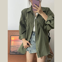 outfit ideas Retro Green Shirt Cardigan Coat for Women Spring and Autumn New Loose Long Sleeve Loose Top Shirt