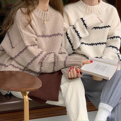 fall outfits Retro Japanese Style Lazy Loose Sweater Women's Thickened Autumn and Winter Long Sleeve Striped Half Turtleneck Sweater