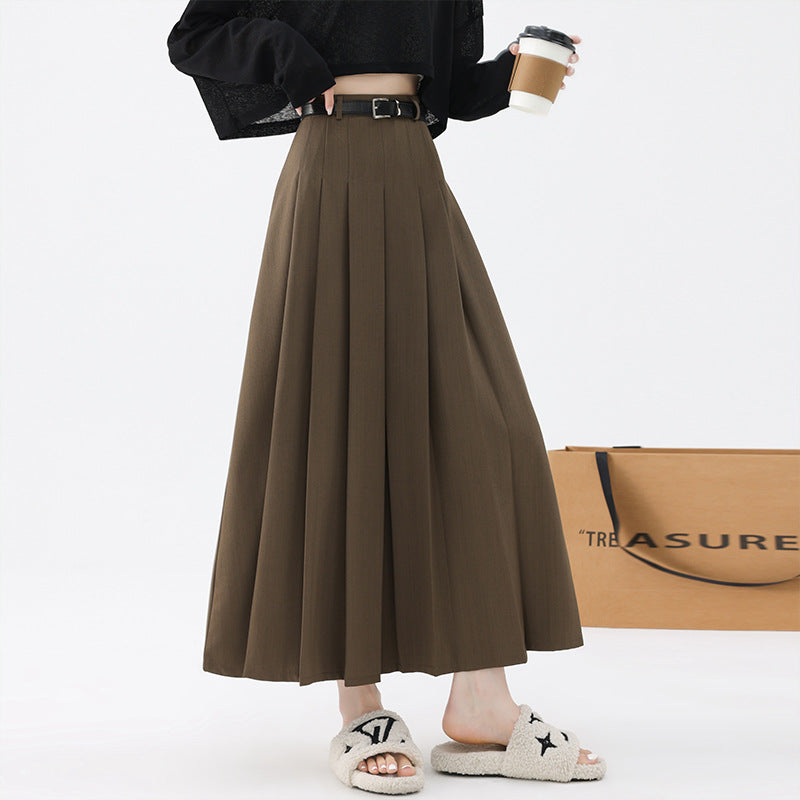outfit ideas Skirt Women's Autumn and Winter High Waist Slimming Pleated Skirt Belt Large Swing High Waist Suit Elegant Fashion Mid-Length Skirt