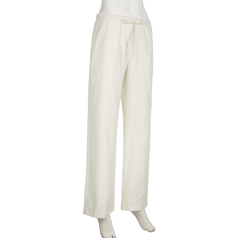 Bxoxo Cotton Linen White Pants Basic Drawstring Low Waist Wide Leg Pants Casual Y2K Clothes For Summer Trousers
