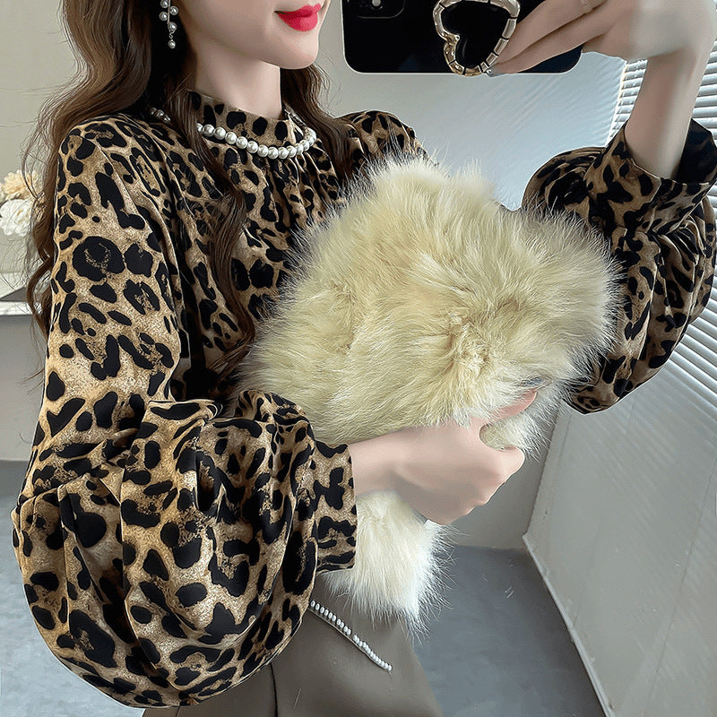 business casual outfits Leopard Print Fashion Top Independent Lantern Sleeve Loose Temperament Shirt for Women