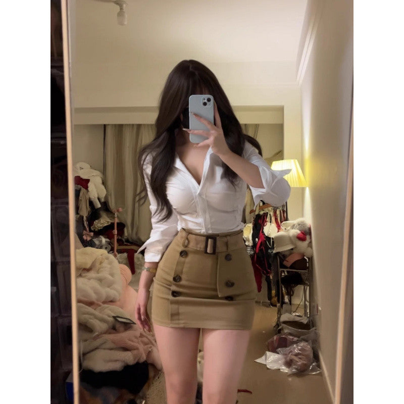 birthday outfit Plus Size Chubby Girl Hot Girl Style Slimming Wear Suit Early Spring Tight Waist Long Sleeve Shirt + Belt Skirt Two-Piece Suit