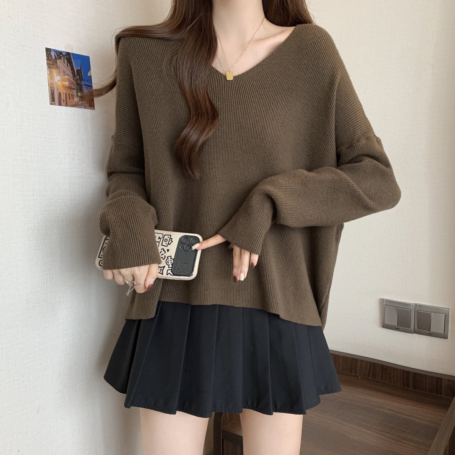 duo costumes Plus Size V-neck Sweater Women's Autumn and Winter Lazy Style Chubby Girl Loose Slimming Batwing Sleeve Pullover Sweater