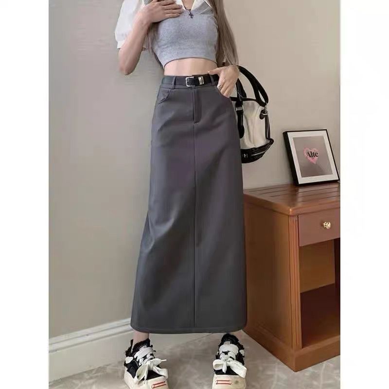 business casual outfits Gray A- line Skirt for Women plus Size Chubby Girl High Waist Slimming Mid-Length Suit Skirt for Summer