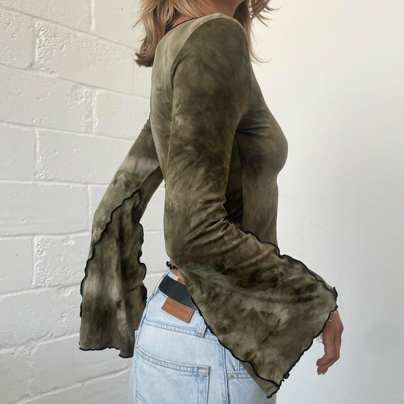 concert outfit Mori Vintage Tie-Dyed Tribal Print Curling Bell Sleeve Short Top Niche V-neck Slim-Fit Navel Slimming Long Sleeve