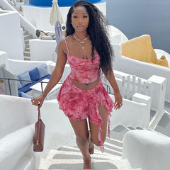 2000s fashion Summer Fashion Two-Piece Suit Mesh Printed Sexy Camisole Split Skirt Skirt