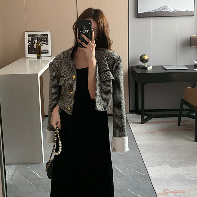 joker costume female outfit Black and White Contrast Color Stand Collar French Retro Equestrian Clothing Women's Clothing Spring and Autumn Short Suit Jacket