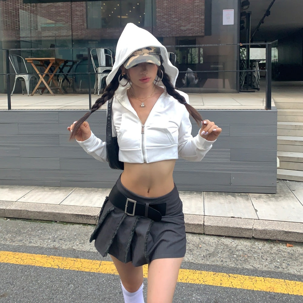 2024 New American Hot Girl High Waist Short Sweater Women's Slimming Cotton Hooded Long Sleeve Slim Top High Street