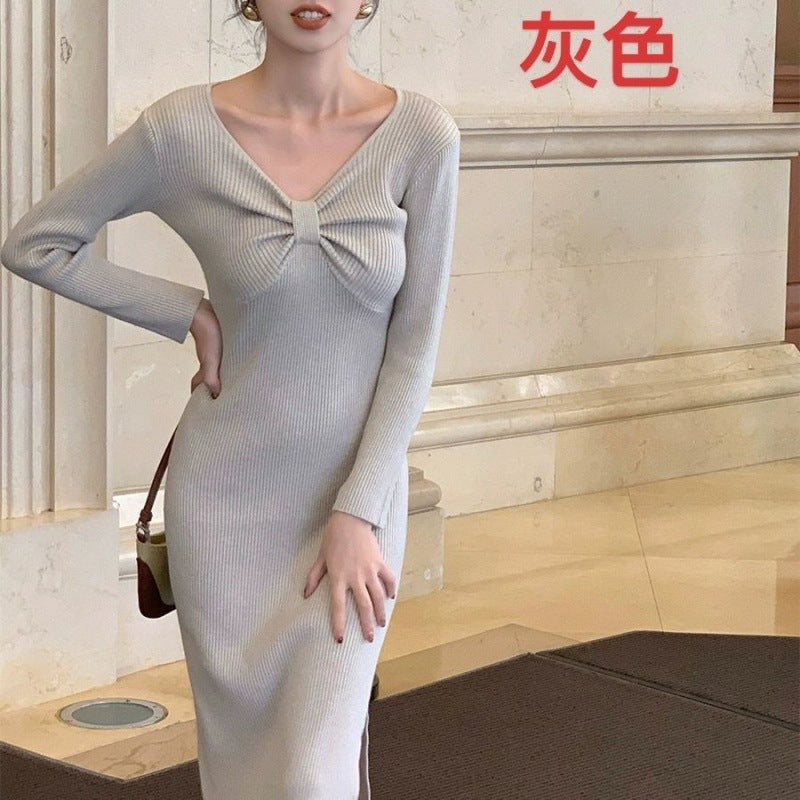 outfit inspo Autumn and Winter Retro French Temperament Dress Women's Design Bow Inner Base Split Sheath Sweater Dress