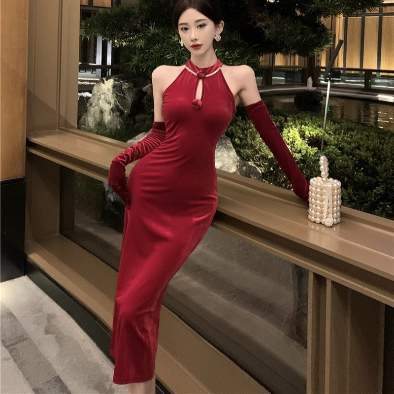 dress to impress outfits Banquet Host Auto Show Dress Long Dress Improved Cheongsam Dress Sexy Split Halter Velvet Dress