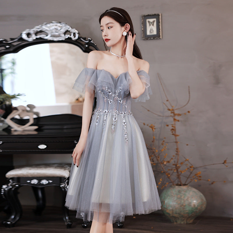 prom dresses Gray Blue off-Shoulder Evening Dress Autumn Fashion Dress Temperament Vocal Solo Host Dress