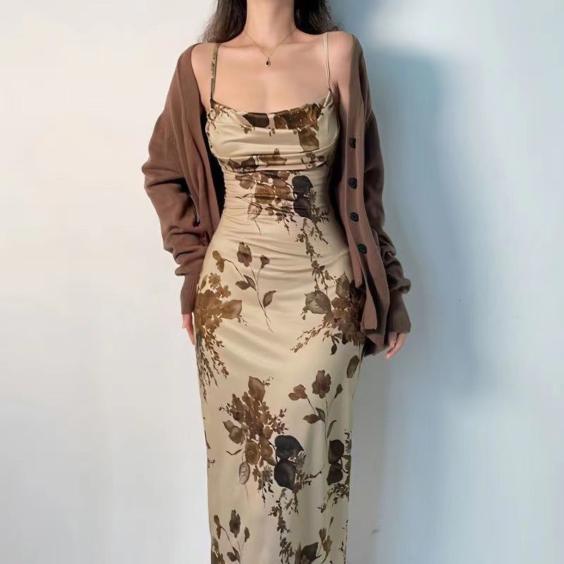 detective vs suspect dress to impress French Style Light Mature Artistic Conception Oil Painting Retro Dress Swing Collar Slim Waist Strap Mid-Length Elegant New Chinese Style