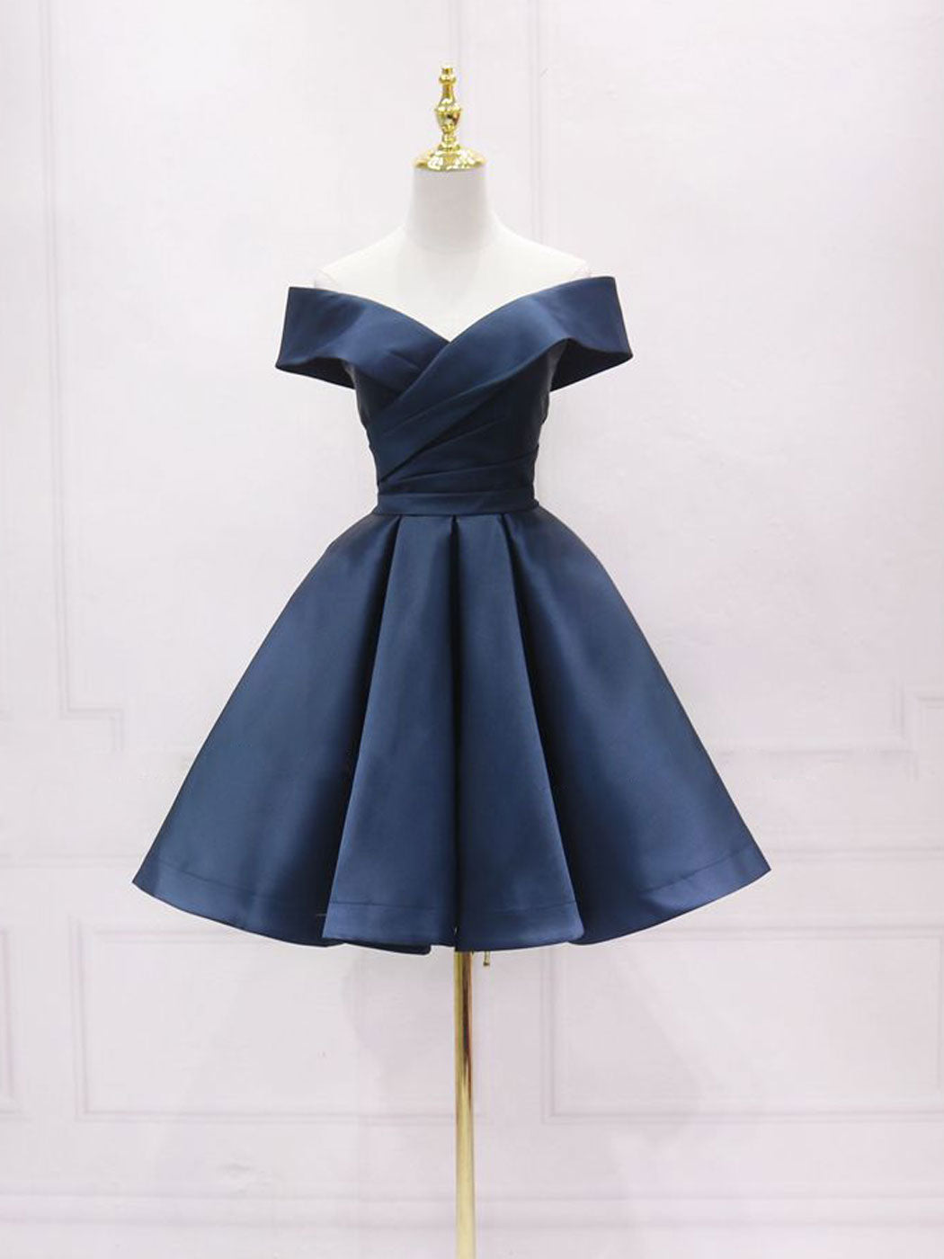 BXOXO Simple Off Shoulder Satin Dark Blue Short Prom Dress, Blue Homecoming Dress