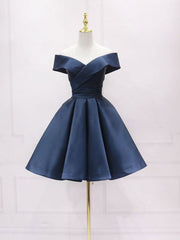 BXOXO Simple Off Shoulder Satin Dark Blue Short Prom Dress, Blue Homecoming Dress