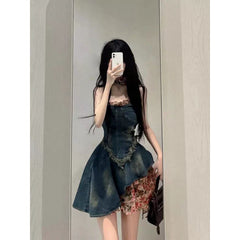 fall 2024 fashion trends French Style Sweet Hot Girl Tube Top Denim Dress Women's Summer High-Grade Waist Slimming Pettiskirt Small
