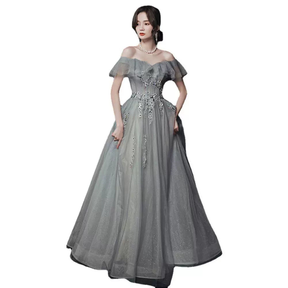 prom dresses Gray Blue off-Shoulder Evening Dress Autumn Fashion Dress Temperament Vocal Solo Host Dress