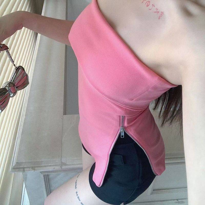 going out outfits Hot Girl off-Neck Tube Top Women's Black Versatile Slim Fit Slimming Zipper T-shirt Tube Top