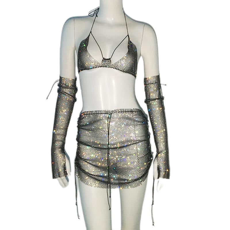 frat outfits New Women's Rhinestone Sling Mesh Flash Diamond Fishing Net Top Sexy Bikini Top Mini Skirt Suit