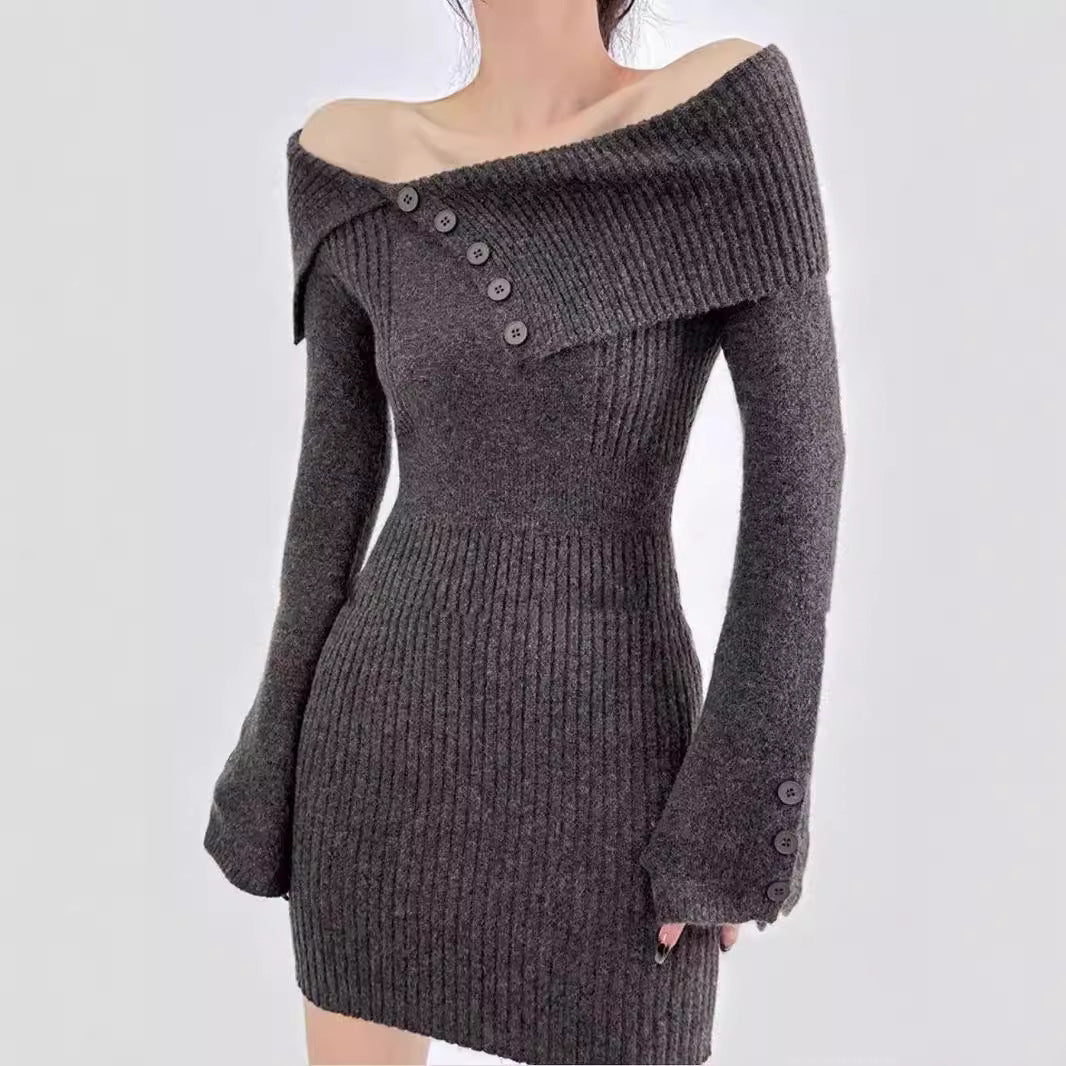 winter outfits women Sexy off-Shoulder Lapel Knitted Dress Autumn and Winter Women's Sweater Slim Hip Skirt