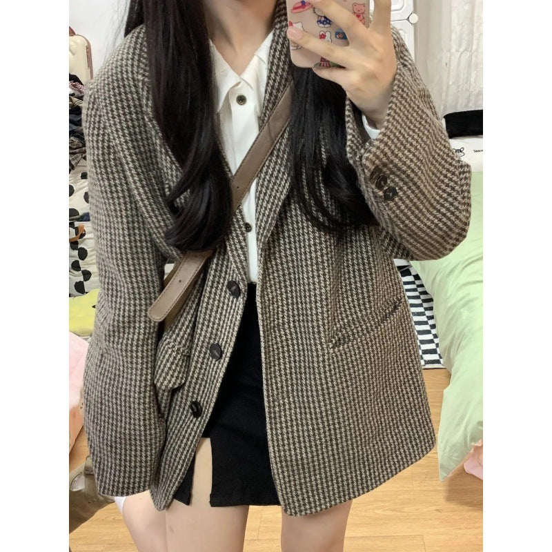 leapord halloween outfit Plaid Coat for Women Spring and Autumn Korean Style Retro High-Grade Woolen Suit Woolen Suit