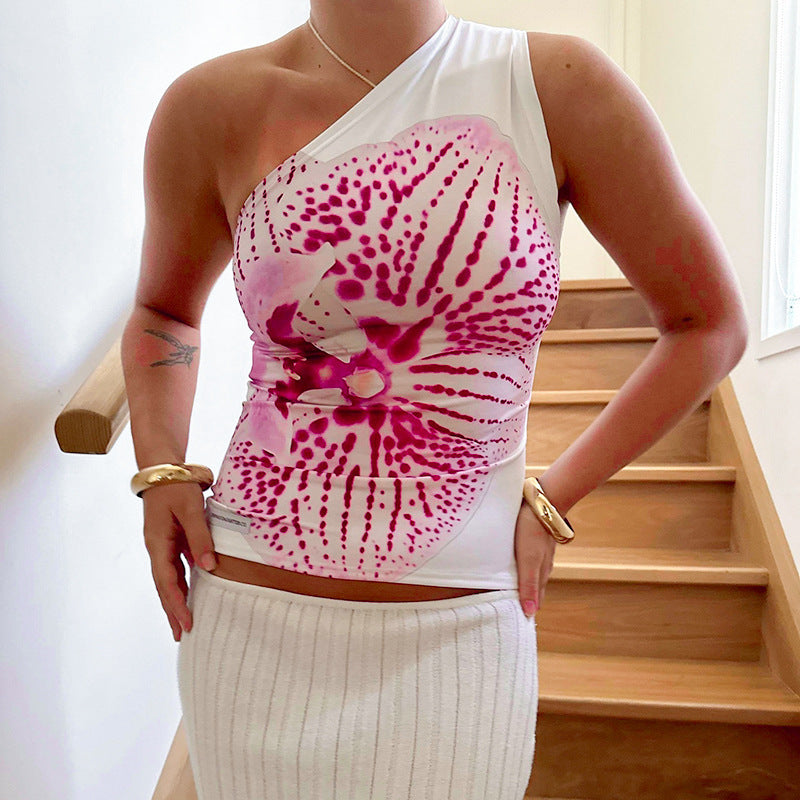 y2k Floral Print Oblique Collar One-Shoulder Sleeveless Vest Top for Women Summer New
