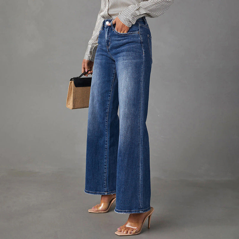 2000s fashion New Washed Dark Blue Straight High Elastic Women's Denim Trousers Super Hot