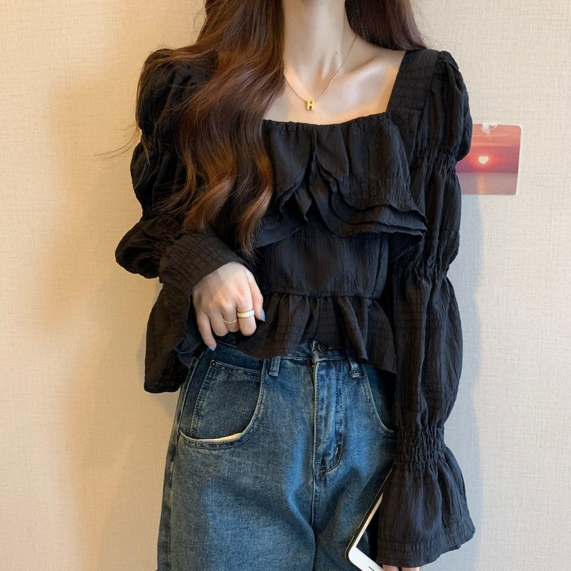 fall outfits women White Bell Sleeve Top Women's Clothing Spring Shirt Ruffled Square Collar Shirt Niche