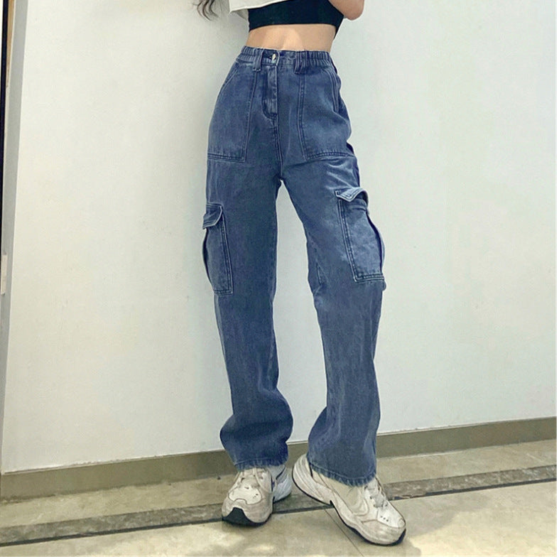 college outfits Women's Street Fashion Multi-Pocket Workwear Straight Trousers High Waist Slimming Loose Khaki Jeans for Women