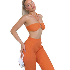 Spring and Summer Women's Sleeveless Halter Tube Top + Trousers Suit Sexy Tight Two Pieces Suit