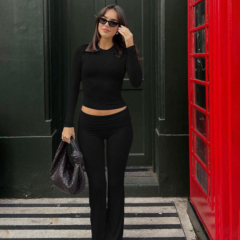 shoes Style Autumn Pure Color Elegant Casual Sports Style High Waist Tight Navel Pants Suit for Women