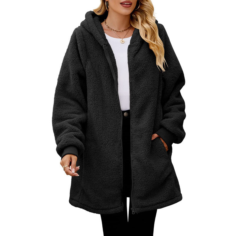 Winter New Loose Plush Women's Long-Sleeved Hooded Zipper Cardigan Jacket