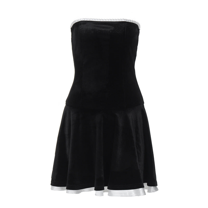 work holiday party outfit Retro Sexy Small Black Dress Velvet Stitching Ruffled Wrapped Chest Pleated Tube Top Skirt Waist Slimming Fairy Skirt