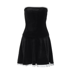 work holiday party outfit Retro Sexy Small Black Dress Velvet Stitching Ruffled Wrapped Chest Pleated Tube Top Skirt Waist Slimming Fairy Skirt