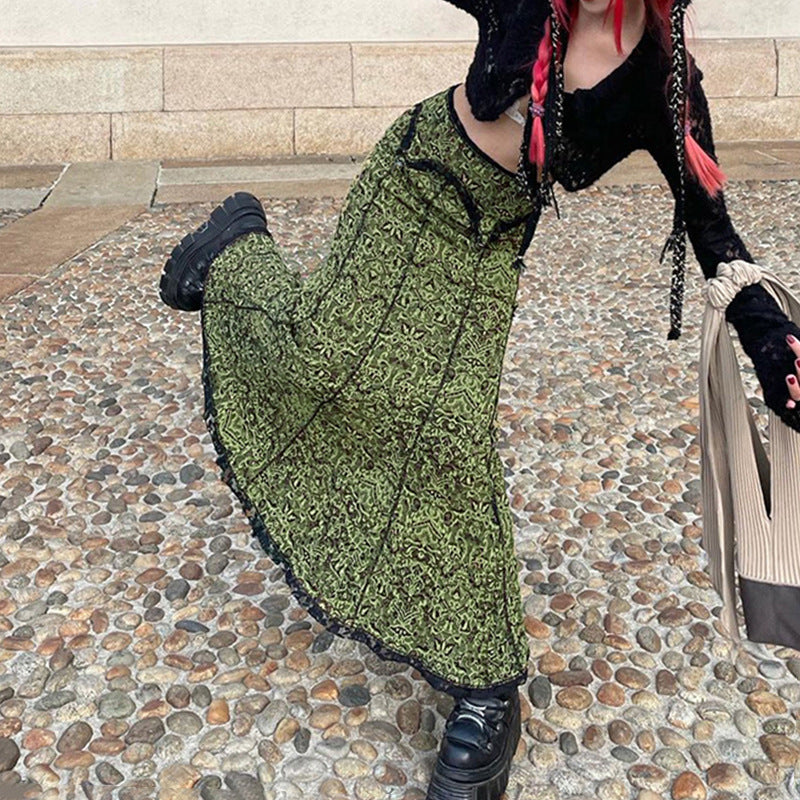fall outfits women Vintage Printed Reverse Lace Irregular Elastic Waist Slim Fishtail Long Skirt