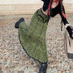 fall outfits women Vintage Printed Reverse Lace Irregular Elastic Waist Slim Fishtail Long Skirt