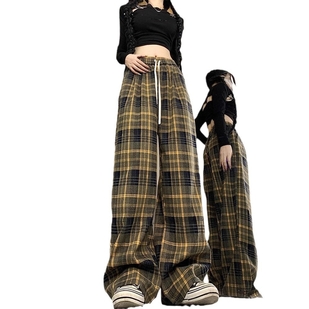 fall outfits aesthetic Retro Brushed Plaid Casual Pants Women's Autumn New High Waist Straight Pants Slimming Wide Leg Mop Long Pants