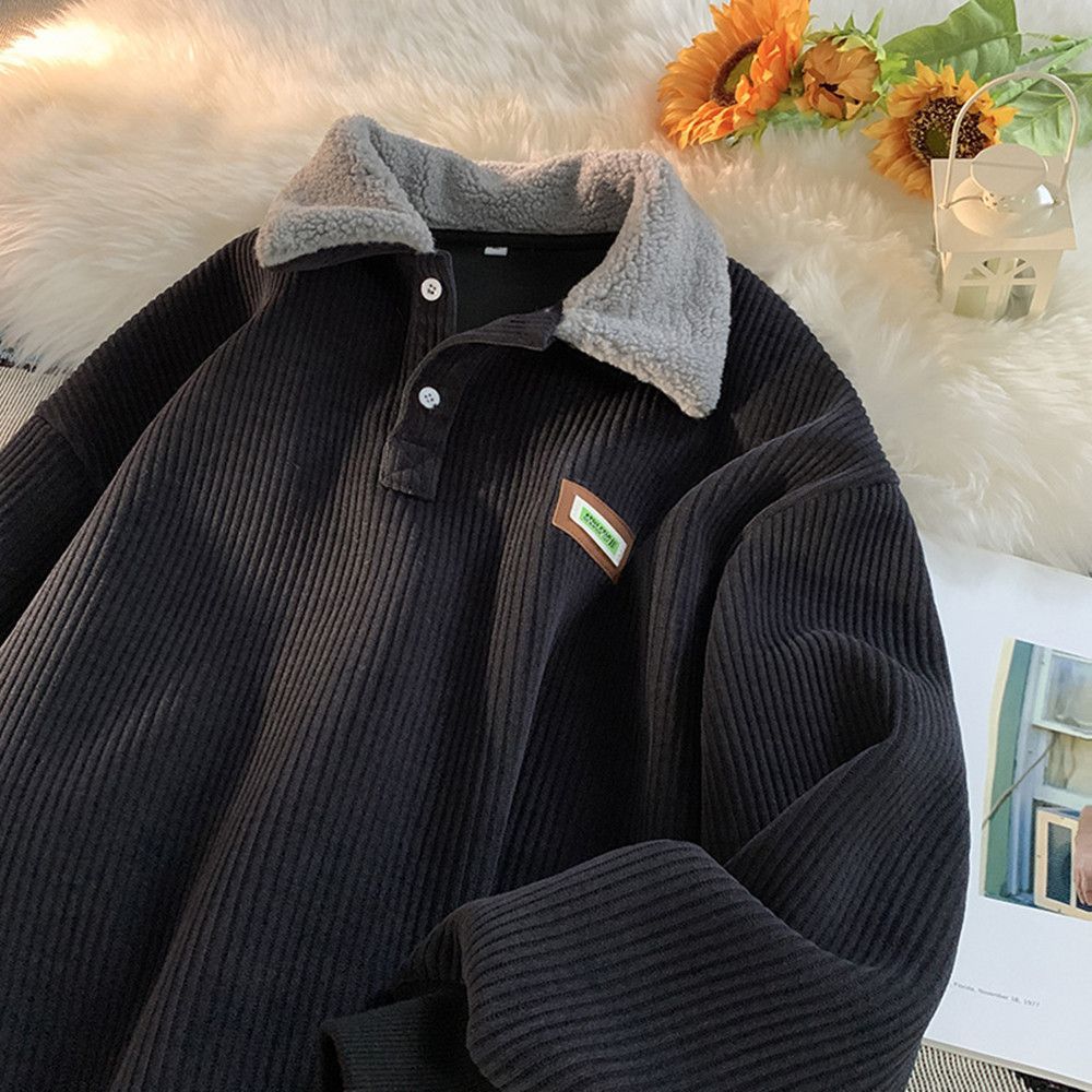 mens fall outfits Corduroy Polo Collar Sweater Autumn and Winter Fleece-lined Thickened Lamb Wool Coat Men's Winter Hong Kong Style Teenagers