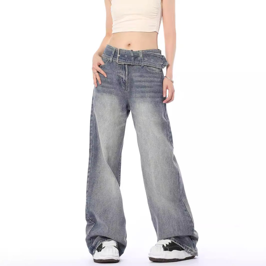 y2k outfits Retro Niche Belt Jeans Women's American Retro Loose Fashion Straight Washed Jeans