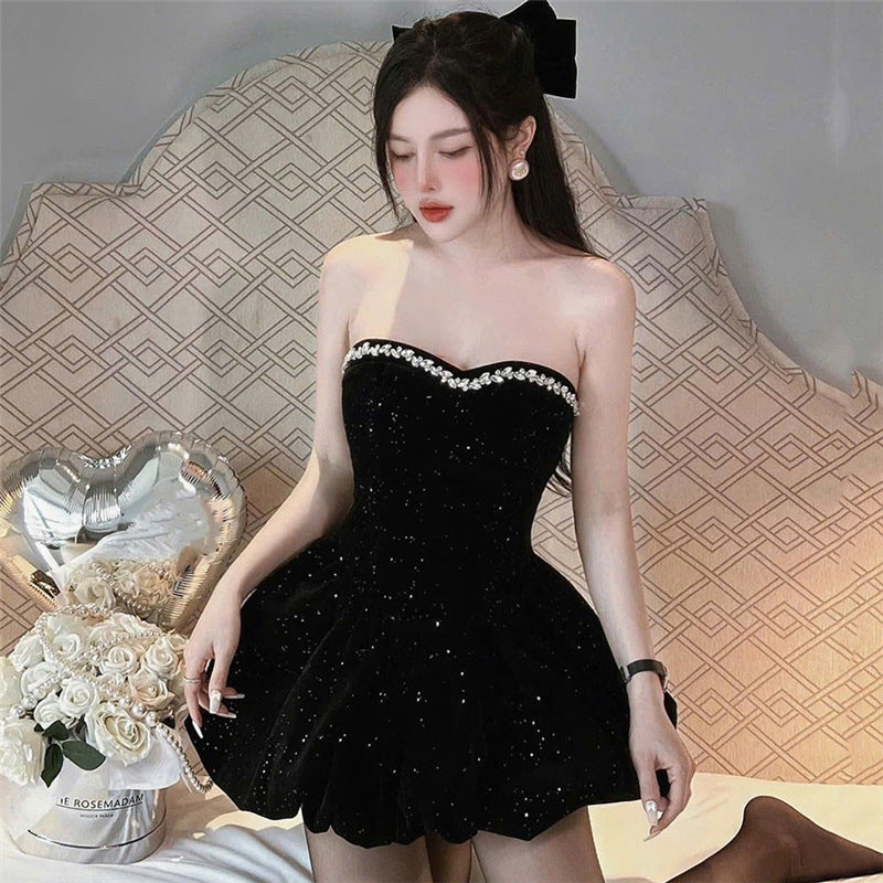 work holiday party outfit Wind Winter Women's Elegant Fashion Strapless Embellished Sequined Pettiskirt Solid Color Dress